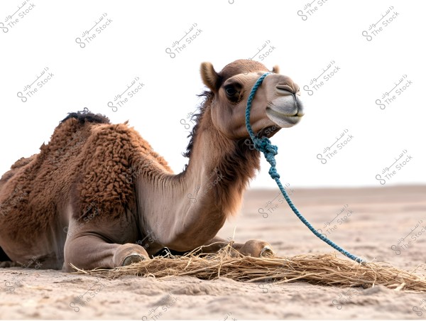 Image of a young camel lying on the sand in the desert. The camel is tied with a blue rope, surrounded by a dry and dusty environment. The camel appears relaxed while looking forward, with an open desert scene in the background.