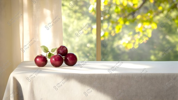 Image shows five shiny red apples on a table covered with a white cloth. The table is next to a window with a blurry green background that reflects trees in daylight, with white curtains hanging beside the apples.