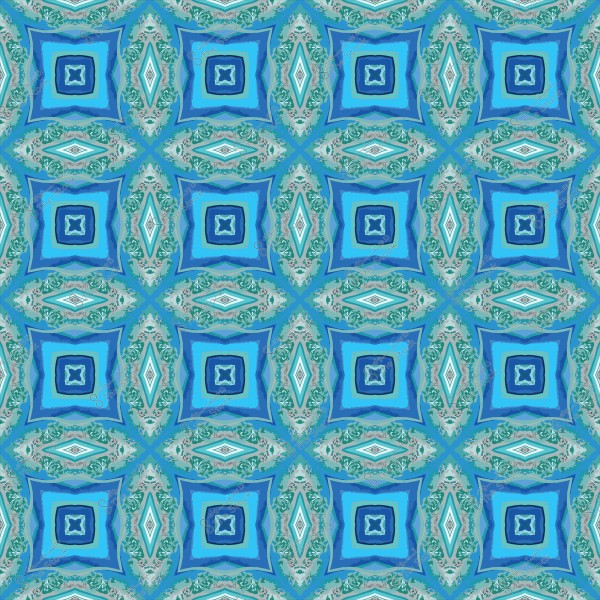 Repeated geometric pattern with square and diamond shapes in blue, white, and green colors.