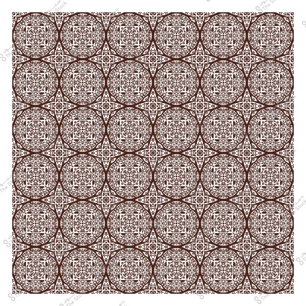 نمط هندسي متكرر بأشكال دائرية وزخارف نباتية باللون البني على خلفية بيضاء.