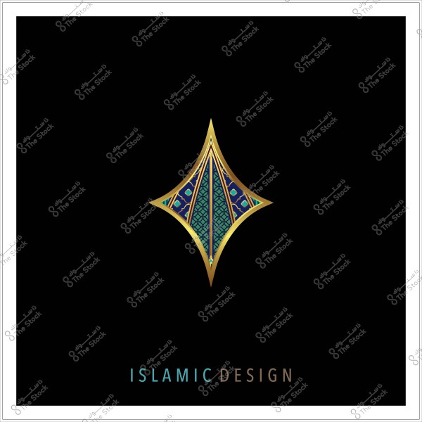 تصميم إسلامي يتميز بزخرفة هندسية ذهبية وزرقاء خضراء في شكل ماسي على خلفية سوداء, مع كتابة "ISLAMIC DESIGN" في الأسفل.

-