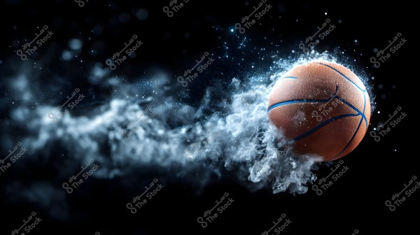 A basketball moving at high speed through the air, creating a trail of smoke or dust behind it, set against a black background for a dramatic effect.