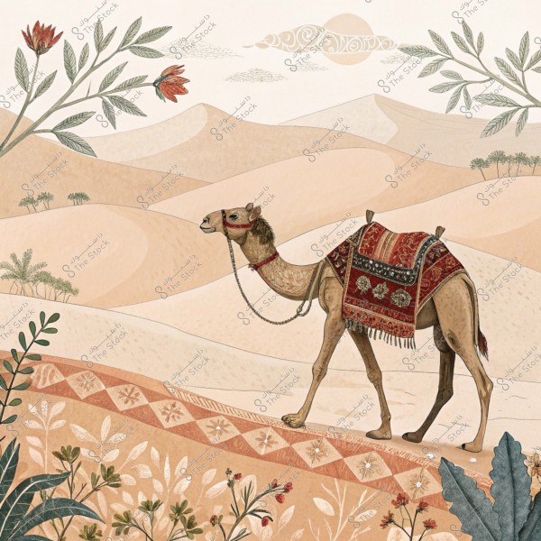 Illustration of a camel walking in a vast desert. The camel is adorned with a decorative covering in red and orange colors. In the background, sand dunes are bordered by desert flowers and cacti. The sky is decorated with cloud designs and plant branches appear on the sides.