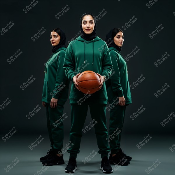 An image of three women standing together in a dark studio. The women are dressed in green hoodies and sweatpants, with black hijabs and black sneakers. The woman in the center is holding a basketball and looking directly at the camera, while the other two women stand beside her, facing forward. The image conveys a sense of sports elegance and possibly relates to teams or activities in Saudi Arabia.