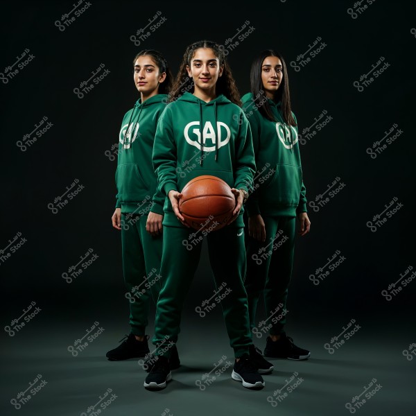 The image shows three young women in green sportswear standing in a triangular formation. The woman in the front is holding a basketball. Their clothes feature the logo \"GAD\". The background is dark, highlighting the individuals in the image.
