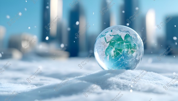 A glass globe containing a representation of the Earth is placed on a snow-covered surface with a blurred cityscape in the background. Falling snowflakes in the air convey a sense of coldness and tranquility.