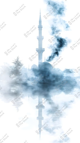 An artistic image of a mosque with a tall minaret in the center, depicted in a misty effect with reflection on a calm water surface. The mosque is surrounded by trees and light fog, creating a spiritual atmosphere.
