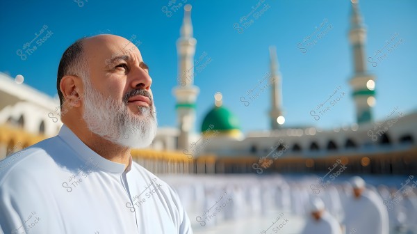 صورة لرجل يرتدي ثوباً أبيض, وهو ينظر إلى الأعلى بخلفية المسجد النبوي في المدينة المنورة. تظهر مآذن المسجد وقبة خضراء في الخلفية تحت سماء زرقاء صافية.