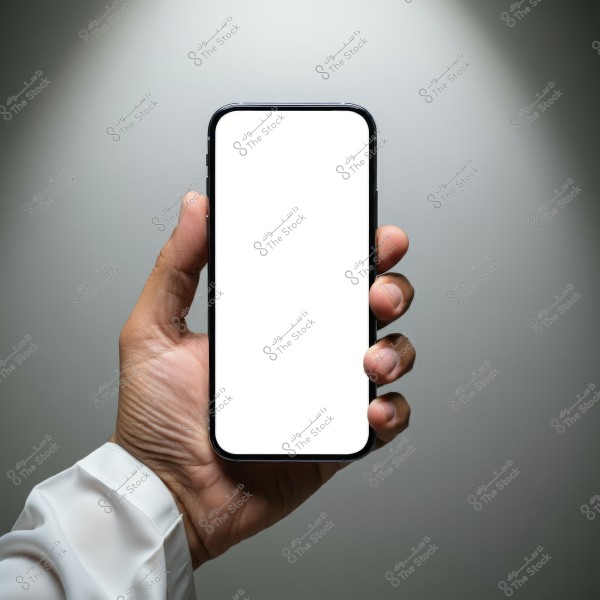 A person\'s hand holding a smartphone with a blank white screen, showing the upper part of a white garment. The background is a neutral gray, highlighting the phone in the center of the image.