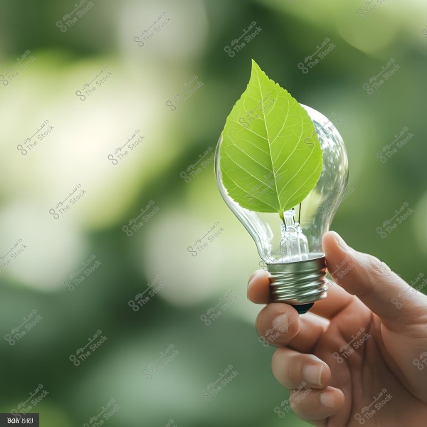 Image of a hand holding a transparent light bulb with a green leaf inside. The background is blurred with various shades of green, reflecting the concept of environment and renewable energy.