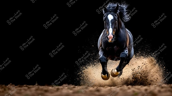 A black horse running at high speed on a sandy ground, with sand scattering around its hooves. The horse appears lively and powerful against a stark black background, emphasizing its motion and muscle definition.
