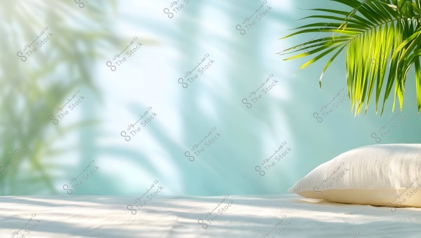 Image showing a white pillow placed on a bed covered with a white sheet. In the background, there is a plant with green leaves hanging from the top right corner. The wall behind the bed is painted in light colors, blending with the shadows of the leaves on the surface.