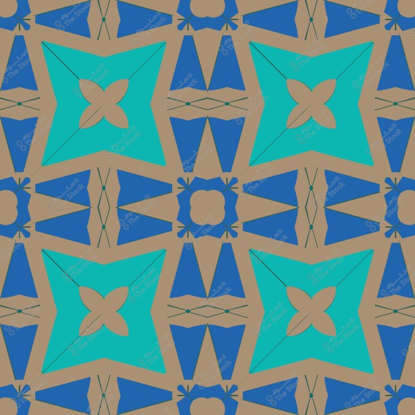 نمط هندسي ملون يجمع بين أشكال مربعة وزهرية باللونين الأزرق والتركيز على خلفية بنية.