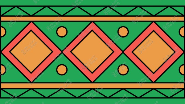 تصميم نمطي تقليدي يتكون من أشكال هندسية ملونة بألوان خضراء وبرتقالية وحمراء. النمط يتضمن مربعات برتقالية بحدود حمراء وأشكال دائرية برتقالية على خلفية خضراء. التصميم يتميز بعناصر متكررة ويعطي إحساساً ثقافياً وزخرفياً.