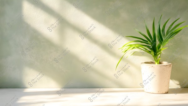 Image of a green plant potted in a white pot placed on a white surface. The background features a light green gradient wall. Light and shadows cast on the wall create a calm and natural atmosphere.