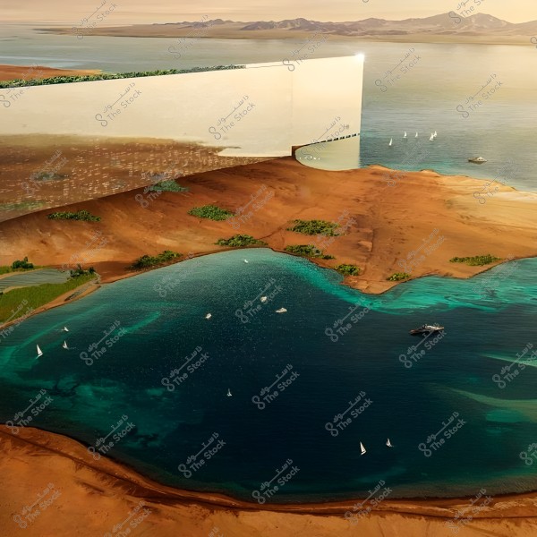A landscape featuring a desert environment with a deep blue lake or small bay surrounded by brown sand. In the background, a large, rectangular structure with a futuristic design reflecting light, extending across the landscape. Several small boats and yachts are seen floating in the water. Mountains appear on the horizon under a clear sky.