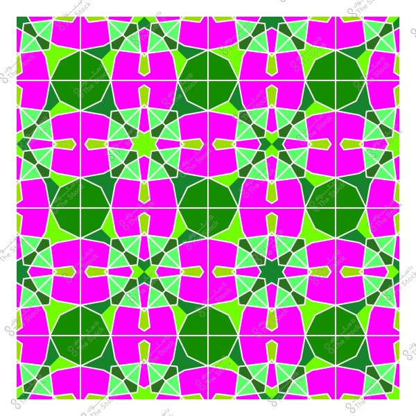 نمط هندسي متكرر يتميز بتصميم ملون يحتوي على أشكال سداسية ومربعة باللونين الأخضر والوردي, تشكل شبكة متناظرة بزخارف متقاطعة باللون الأصفر في المركز, مما يخلق مظهرًا شبيهًا بالفسيفساء.

-