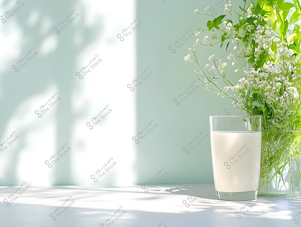 A glass of milk placed on a table next to a glass vase containing white flowers and green leaves. The background is light green, with soft shadows of the plants visible.