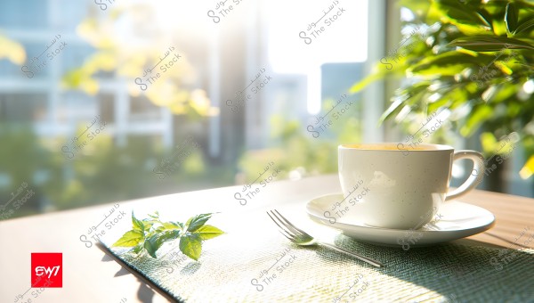 A white coffee cup placed on a table covered with a green cloth next to a window illuminated by sunlight. A fork lies beside the cup, and there is a sprig of green leaves on the cloth. In the background, blurred trees and some distant buildings are visible.