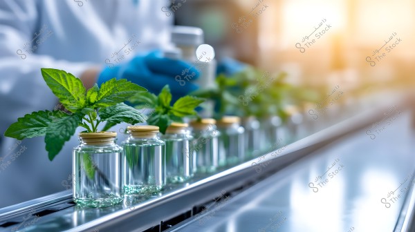Image of a production line in a laboratory featuring small green plants growing in transparent bottles filled with a clear liquid, arranged sequentially on a conveyor belt. In the background, a person wearing blue gloves and white lab clothing is holding a bottle. Natural light shines through the window in the background, adding a bright atmosphere to the image.