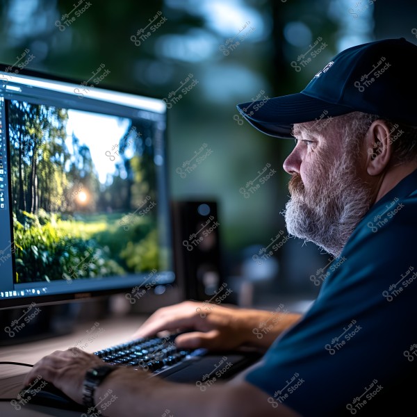 An image of a man with a white beard wearing a dark blue cap, working on a computer. The computer screen displays a natural scene of a sunlit forest. The man is seated in a slightly dimly lit workspace, looking intently at the screen.