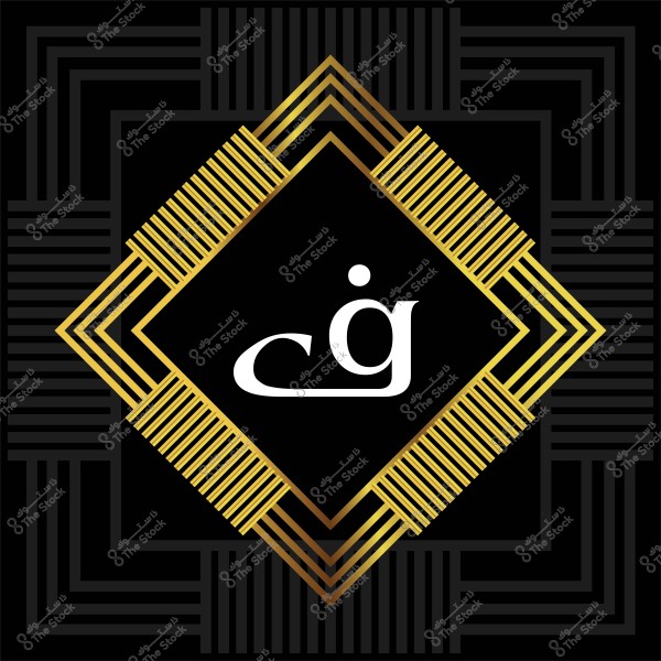 A geometric design featuring golden colors on a black background with the Arabic letter \"غ\" in white at the center. The design consists of interlocking lines and shapes in gold and varying shades of black.