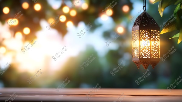 An ornate metal lantern emitting light hangs from above, surrounded by a bokeh of soft lights in the background. Behind it is a blurred background of foliage and trees, set in a calm evening atmosphere.