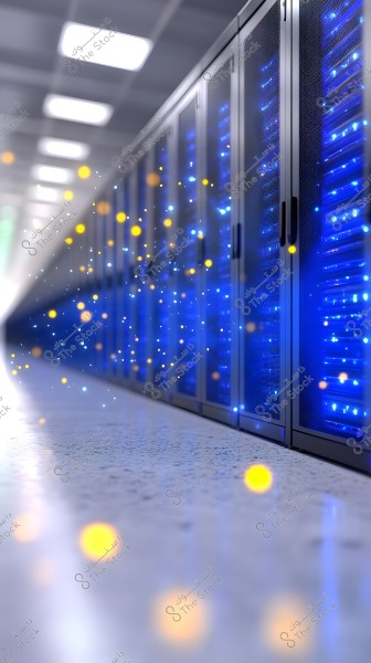 Image of a modern data center featuring rows of sleek servers with blue LED lights extending along a wide corridor. Small yellow lights appear to be floating in the scene, adding a dynamic artistic touch.