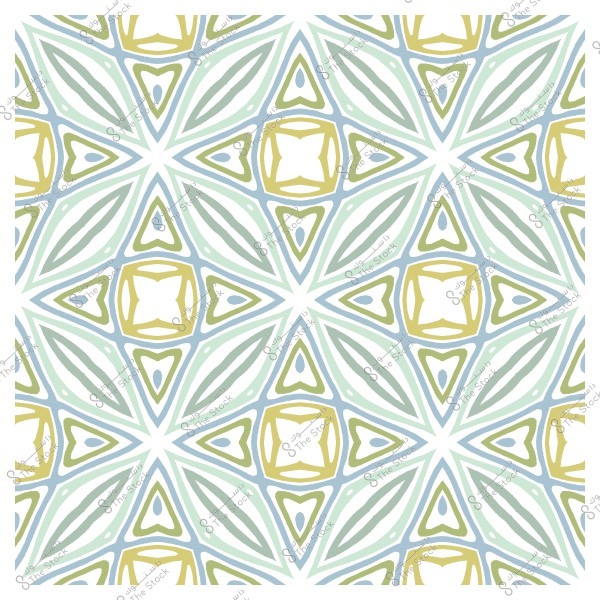 A geometric decorative pattern with repeating shapes in green, yellow, and white.