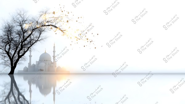An artistic image depicting a fantasy scene with a bare tree in the foreground on the left, shedding glowing leaves. In the background, a mosque is visible with Islamic architectural details, featuring a large white dome surrounded by several small domes and four minarets. The mosque and tree are reflected on a calm water surface in the horizon.