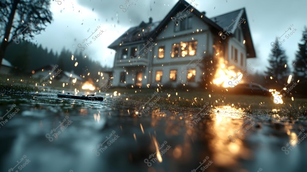 تظهر في الصورة بندقية ملقاة على الأرض المبتلة تحت تساقط الأمطار الغزيرة في المقدمة. في الخلفية, يظهر منزل كبير مضاء بأضواء دفء داخله, بينما يبدو انفجار بعيد يؤجج النيران بجانب المنزل. الأشجار المحيطة تضيف إلى الجو الدرامي والغامض.