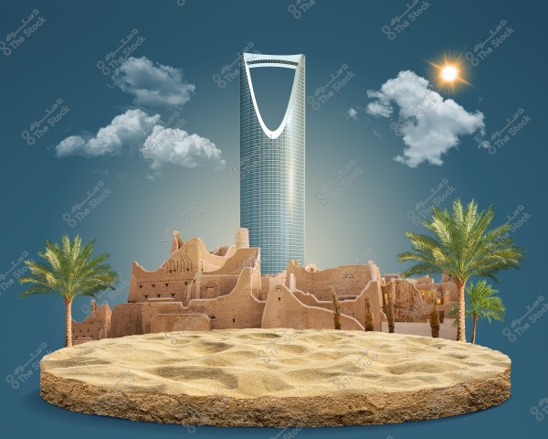 The image depicts a composite architectural scene in Saudi Arabia. The Kingdom Tower in Riyadh is prominently featured against a blue sky with white clouds and a shining sun. In the foreground, traditional mud buildings and palm trees are set on a circular sandy base, blending Saudi heritage with modernity.
