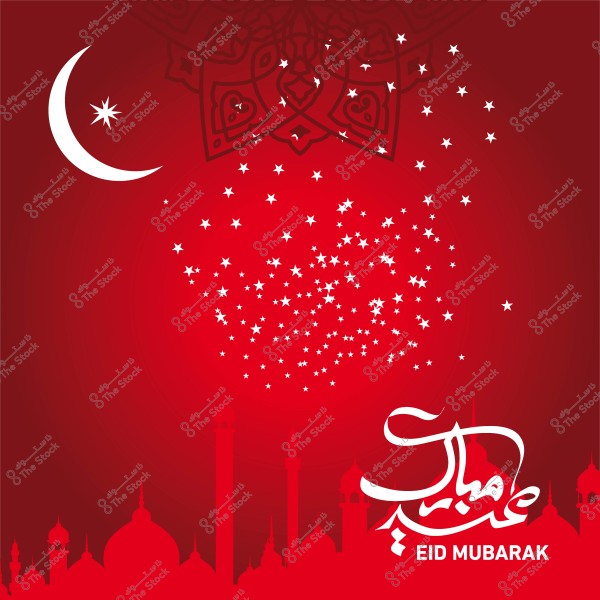 تصميم تهنئة عيد مبارك باللون الأحمر مع هلال ونجوم ومآذن إسلامية.