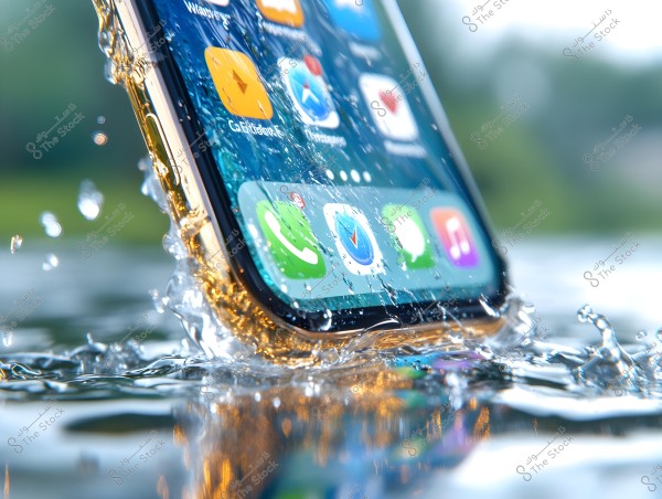 Image shows a smartphone being submerged in water. The screen displays various apps in bright colors, with clear details of splashing droplets around the device. The background is blurred, emphasizing the water\'s motion and the screen\'s brilliance.