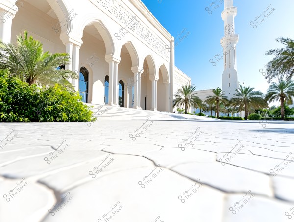 Image of a mosque featuring Islamic architectural design with intricate patterns on the columns and arches. The facade has large arches and glass windows. In the foreground, there are some shrubs and palm trees, while a tall minaret stands against the blue sky in the background.