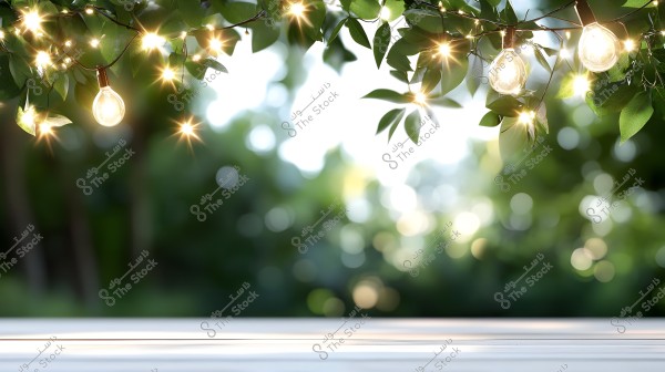 An image depicting a natural scene with green leaves hanging with string lights in the form of small bulbs twinkling in daylight. The lights are scattered among the leaves, with a blurred background of trees and forest that adds a sense of calm and natural harmony.