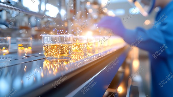 The image depicts a modern laboratory with several glass beakers containing a glowing golden liquid placed on a metallic table. In the blurred background, a person wearing blue protective clothing and a face mask is seen working in the lab. Bright particles around the liquid and equipment add a futuristic and advanced atmosphere to the scene.