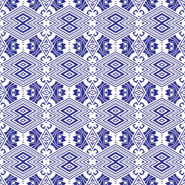 نمط هندسي يتكون من أشكال ماسية متكررة بألوان زرقاء وبيضاء. التصميم يتميز بخطوط متقاطعة وبقع صغيرة تضيف تفاصيل إلى النمط العام.