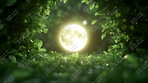 An image of the bright moon in the night sky, surrounded by dense green leaves that form a natural frame. The leaves glisten with the moonlight, creating a calm and magical atmosphere in the forest.