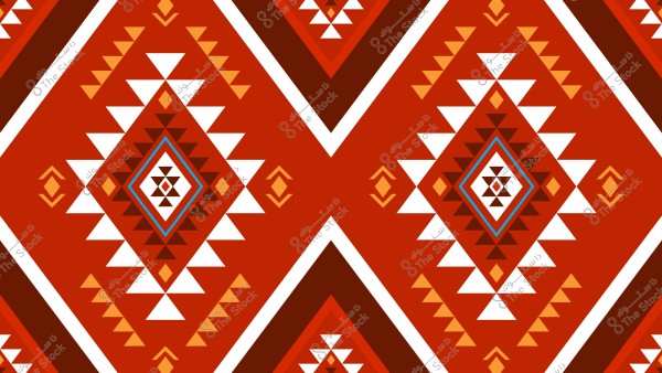 تصميم هندسي بألوان زاهية يتميز بأشكال ماسية متكررة باللون الأحمر والأبيض والبرتقالي, مزينة بخطوط بنية وزرقاء. الأشكال تكون مثلثات ومعينات مرتبة في نمط متناظر يجعل التصميم يبدو كتقليدي ومميز.