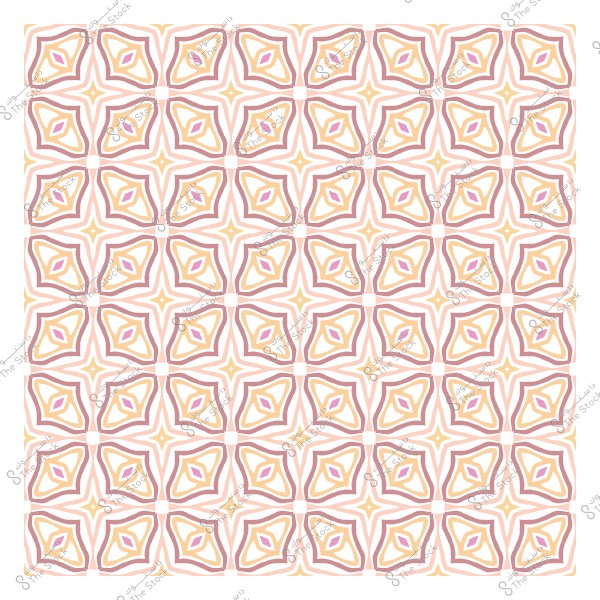 A geometric pattern design composed of repeating shapes in pink, yellow, and brown on a white background.