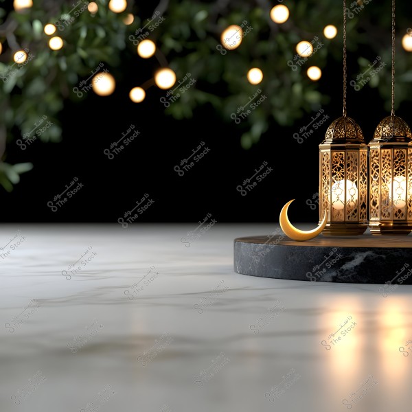 Three golden lanterns illuminated with intricate designs, placed on a circular black marble surface. A golden crescent is also positioned next to the lanterns. In the background, soft lights appear among leaves, adding a romantic and warm ambiance.