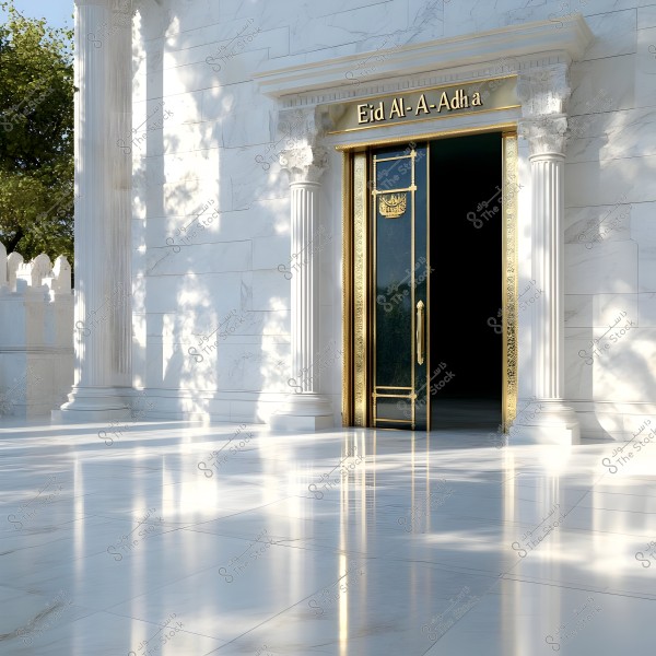 The image shows the entrance of a building adorned in white marble, featuring large golden doors with \"Eid Al-Adha\" inscribed above them. Classical columns flank the entrance with a golden frame. Natural light casts shadows on the shiny marble floor. Some trees are visible in the background.