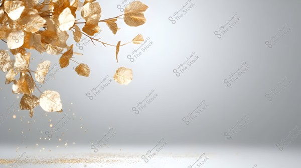 The image shows a cluster of golden leaves falling from above, against a soft gray background. The leaves are elegantly designed, harmoniously aligned with each other, with some small golden particles scattered in the air and on the ground.