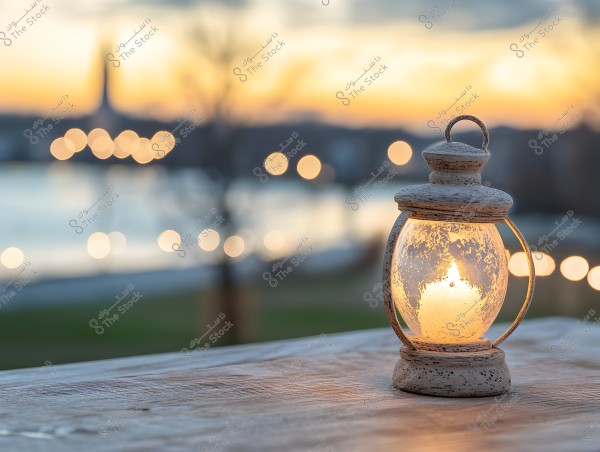 A lit lantern on a wooden table against a sunset background. The distant lights are blurred, while the lantern stands out clearly, emitting a warm glow.