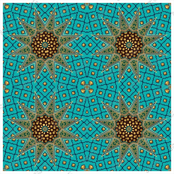 تصميم هندسي إسلامي بألوان زرقاء وبنية وذهبية يتضمن أشكال نجمية وزخارف معقدة.