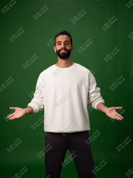 A person stands in front of a green background, wearing a white sweater and dark pants. The individual has a short beard and is standing with arms open, suggesting a gesture of welcoming or greeting.