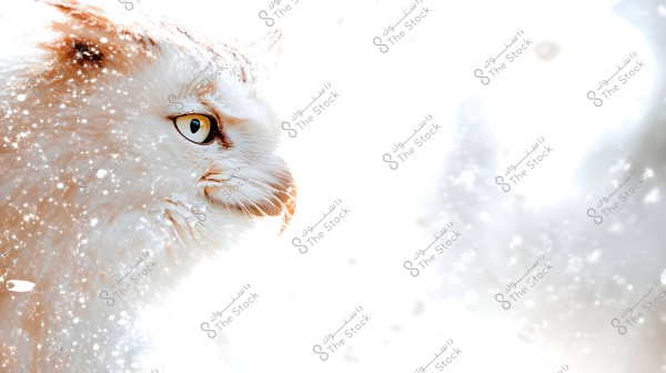 Close-up image of a white owl\'s face looking to the right. Its white feathers are prominently displayed under bright lighting with a glowing, snow-like background, adding a magical atmosphere around the bird.