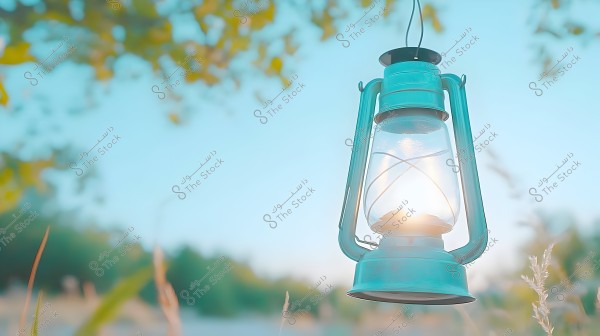 A vintage blue lantern hanging and illuminating outdoors, surrounded by some blurred green foliage and leaves, with a clear blue sky in the background.
