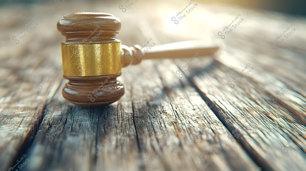 Image of a wooden judge\'s gavel with a golden band resting on an aged wooden table. Light streams in from the corner of the image, illuminating the gavel and suggesting an atmosphere of authority and seriousness.